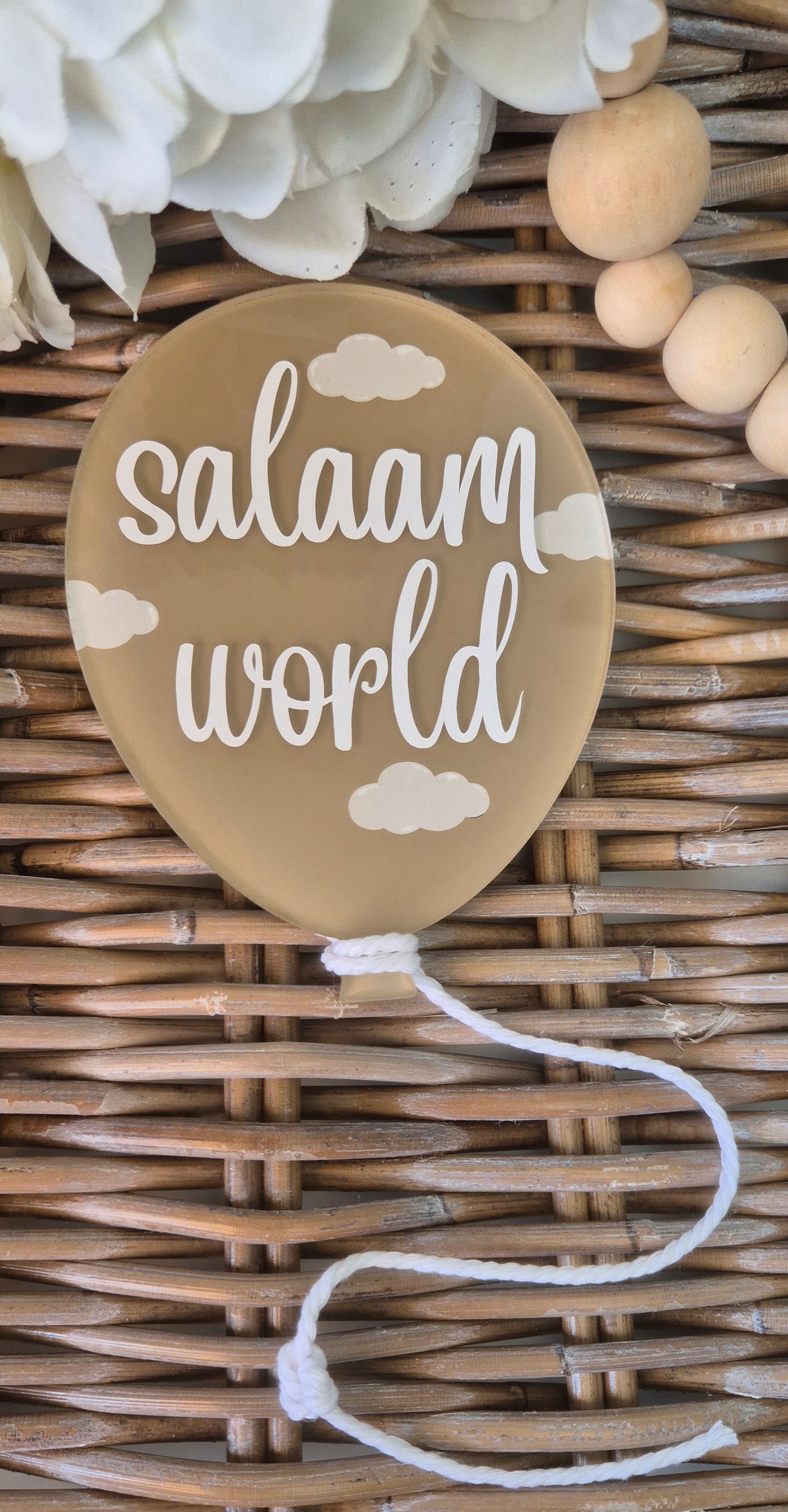 Hand-Painted Acrylic Balloon Birth Announcement: Salaam World, Cloud Pattern