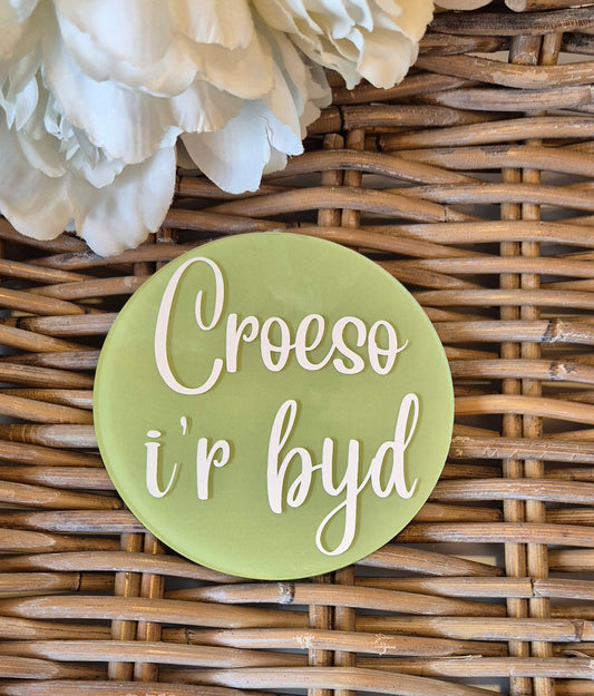 Handmade Acrylic Baby Announcement Photo Prop: Welsh Welcome Sign