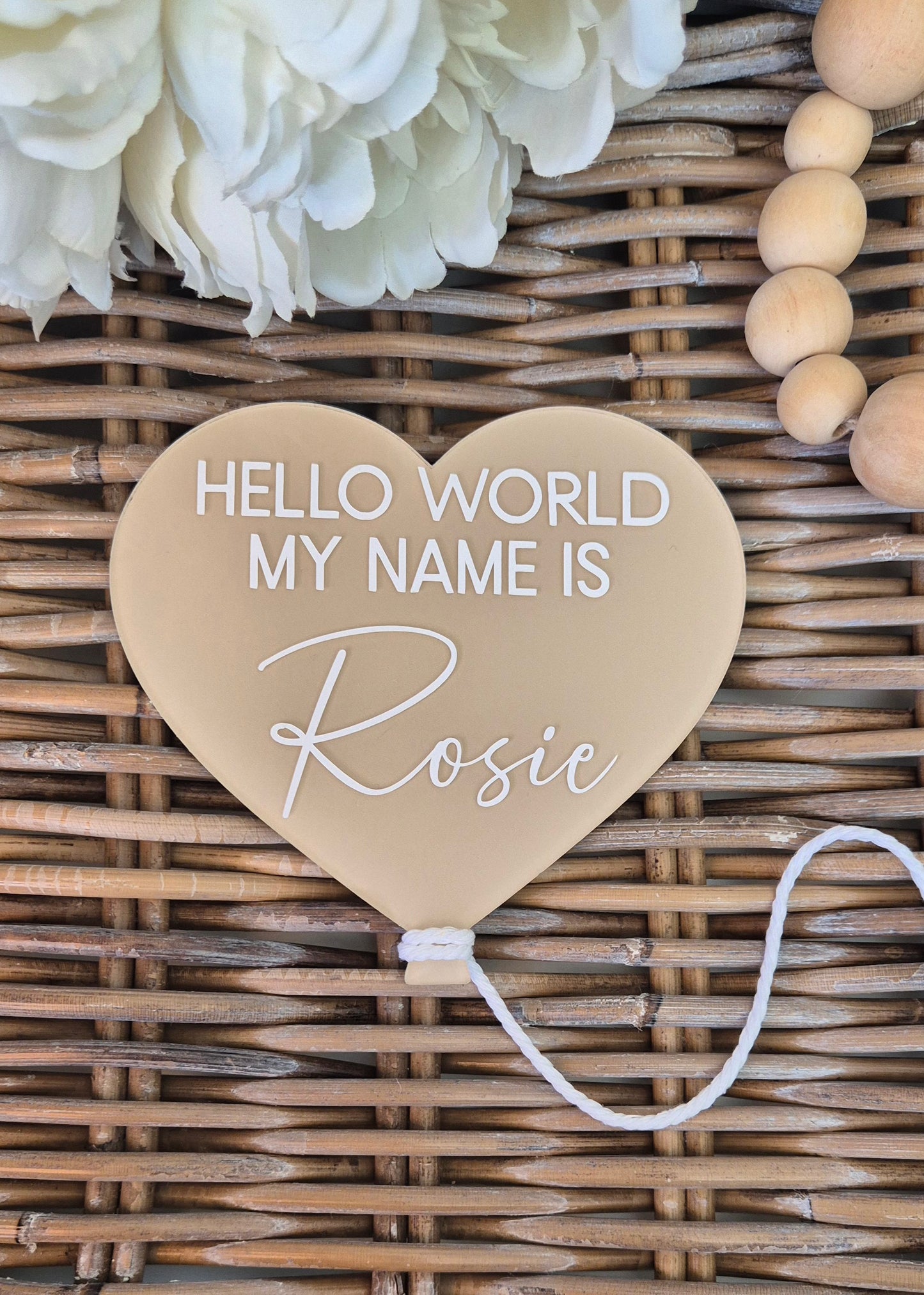 Heart shaped personalised birth announcement sign - Hello world my name is new baby reveal.