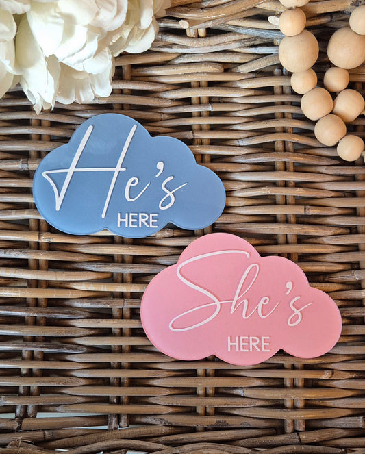 Cloud Birth Announcement Photo Prop: He's Here, She's Here Sign