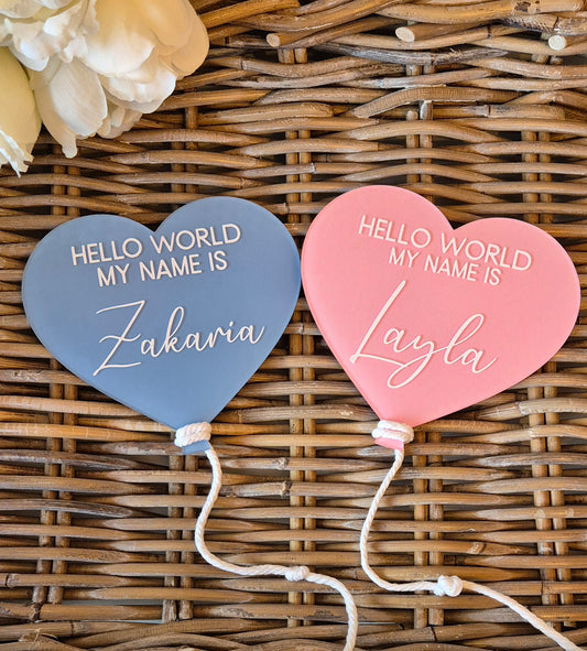 Heart shaped personalised birth announcement sign - Hello world my name is new baby reveal.